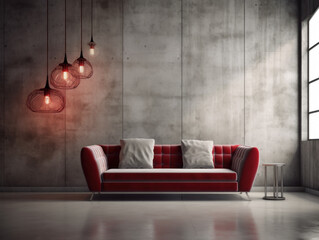 Industrial concrete interior with red velvet sofa and modern contemporary accessories
