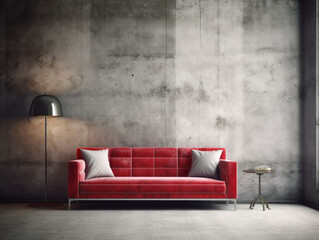 Industrial concrete interior with red velvet sofa and modern contemporary accessories