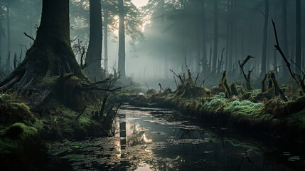 misty morning in forest swamp Generative AI