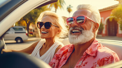 Obraz premium Happy bearded senior man with wife enjoying summer road trip in Italy