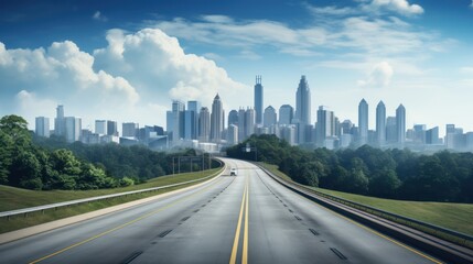 Smooth highway leads the eye towards a distant city skyline