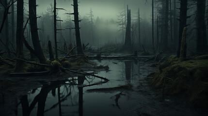 misty morning in forest swamp Generative AI - obrazy, fototapety, plakaty