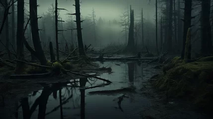 Foto op Plexiglas misty morning in forest swamp Generative AI © Quentin