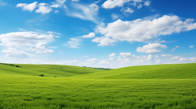 Vast expanse of green stretches out, kissed by the sun, epitomizing the tranquility of nature on a sunny day