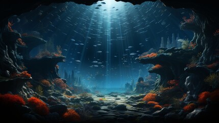An underwater oasis, where a hidden reef teems with vibrant nature, cascading rocks create a...