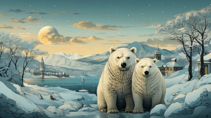 Amidst the snowy expanse of the arctic, two majestic polar bears roam freely, their thick fur blending seamlessly with the winter landscape as they traverse the rugged mountains - obrazy, fototapety, plakaty