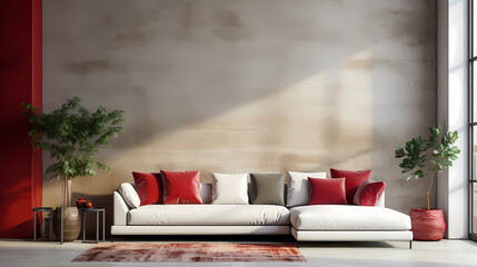 Red and white sofa against concrete wall Scandinavian Loft Style Home Interior Design of a Modern Living Room in a Small Studio Apartment