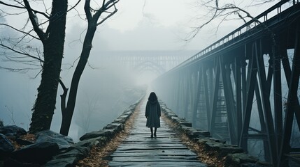 In the midst of a winter landscape, a woman traverses a foggy bridge, her feet grounded on the icy path as she gazes at the vast sky and the looming buildings in the distance
