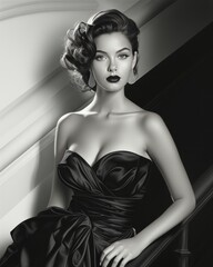 A sultry lady in a black satin gown poses against a wall, exuding confidence and allure as a fashion model in her striking dress