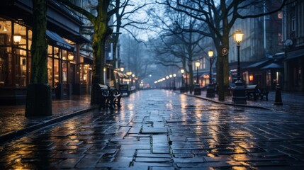 Amidst the winter rain, the city street glistens with light, beckoning to those seeking shelter under the sheltering trees and benches that line the way - obrazy, fototapety, plakaty