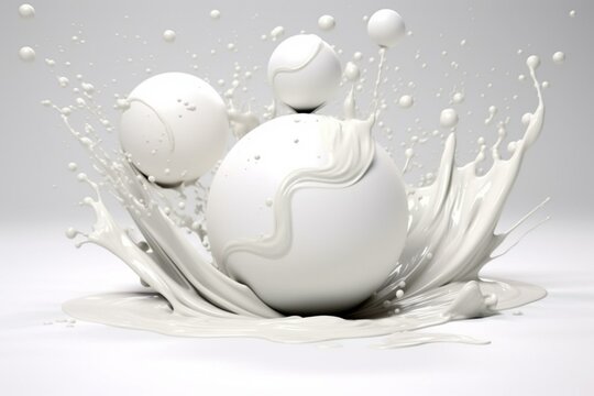 milky splashes in spheres on white. Generative AI