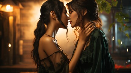 In a passionate display of love and desire, two women share a tender kiss under the open sky, their clothing blending together as their souls intertwine in an outdoor romance