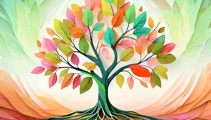 Colorful tree with multicolor leaves on hanging branches. Illustration background. 3D abstraction wallpaper. Header banner image.