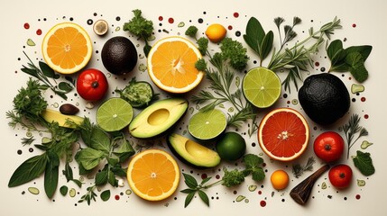 A vibrant and lively bunch of fruits and vegetables, bursting with superfoods and fresh ingredients like tangy lemon, zesty grapefruit, and juicy orange, all accented with the unique flavors of citron