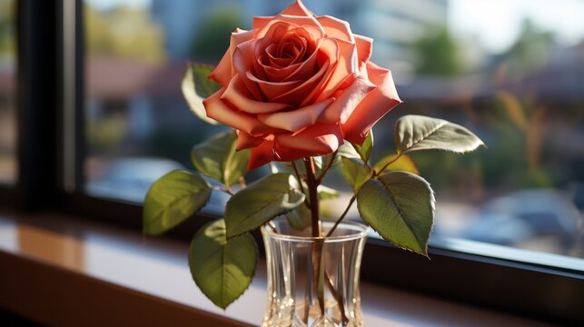 A vibrant red floribunda rose, encased in a delicate glass vase, brings a touch of nature and beauty to the indoor table setting as the petals catch the sunlight streaming through the nearby window