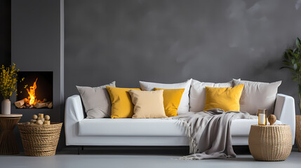 White sofa with yellow pillows and concrete wall with fireplace. Scandinavian style interior design of a modern living room
