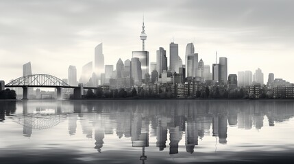 Amidst a monochromatic landscape, a towering cityscape reflects in the tranquil waters, with a bridge serving as a link between the urban metropolis and the endless sky above