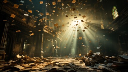 A mesmerizing image captures the chaotic beauty of a room filled with books, illuminated by cascading beams of light as they seem to dance in mid-air - obrazy, fototapety, plakaty