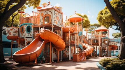 Amidst the boundless blue sky and towering trees, children frolic and play on the outdoor playground, racing down the twisting slide with wild abandon - obrazy, fototapety, plakaty