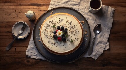 Delicious cheese cakes with fresh butter and eggs Cheesecake: New York-style classical cheesecake on a black background A slice of tasty cake on wooden table