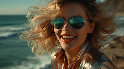 A cool girl embraces the sunny beach, her fashion statement complete with sunglasses and a smile, exuding confidence and carefree vibes while sporting her stylish eyewear
