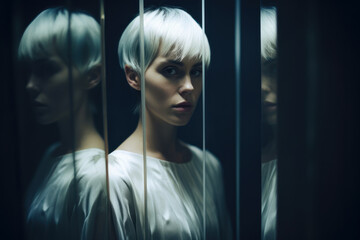 Portrait of woman in her 20s with short blond hair and white dress reflected in a mirror