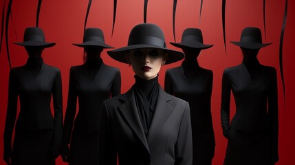 A fashionable sisterhood donning sleek fedoras and chic black suits, exuding a mysterious aura of power and sophistication - obrazy, fototapety, plakaty