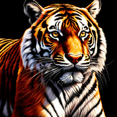 Portrait of a tiger on a black background. Vector illustration.