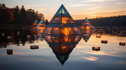 As the sun sets on the tranquil lake, a mesmerizing pyramid building stands tall amidst the reflective waters, surrounded by lush trees and colorful clouds