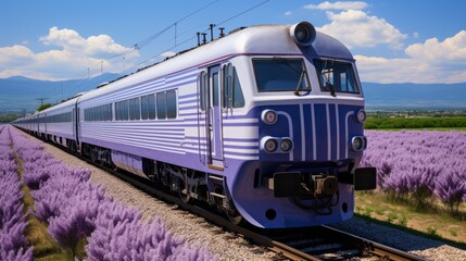 Fototapeta premium A majestic locomotive chugs along the railroad tracks, cutting through the vibrant purple plants and grass as it travels towards the distant blue mountains, with the open sky and fluffy clouds