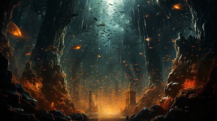 A breathtaking image captures the vibrant colors and untamed energy of a nature-filled underwater cave, teeming with fish and surrounded by shimmering water - obrazy, fototapety, plakaty