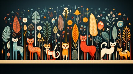 A whimsical illustration of a vibrant, musical world where animals and plants come together in a colorful dance of art and imagination