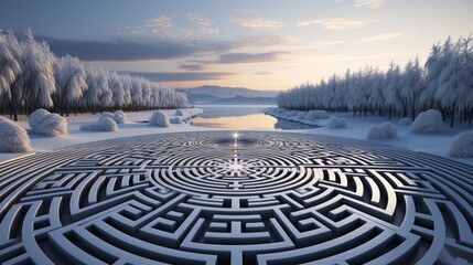 Amidst the frosty landscape, a circular maze shimmers with fresh snow as the sky above whispers secrets to the towering trees, beckoning adventurers to brave the wild outdoors
