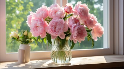 Bouquet of soft pink peonies stands proudly in a glass jug, placed by a window