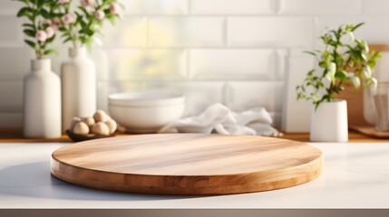 Round wooden board sits empty on a white stone kitchen countertop