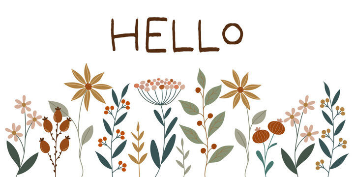 Hello - Schriftzug in englischer Sprache - Hallo. Grußbanner mit hübschen Blumen.