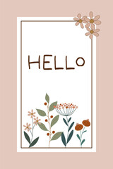 Hello - Schriftzug in englischer Sprache - Hallo. Grußkarte mit hübschen Blumen und rosafarbenem Rahmen.
