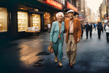 An extravagant and joyful elderly African-American couple happily stroll through the streets of New York. Couple happiness concept. - obrazy, fototapety, plakaty