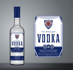 Vector blue and white vodka label template. Vodka glass bottle mockup