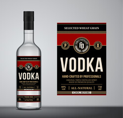 Vector black and red vodka label template. Vodka glass bottle mockup. Distilling business branding and identity design elements
