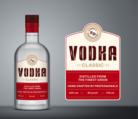 Vector beige and red vodka label template. Vodka glass bottle mockup