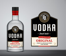 Vector black and red vodka label. Vodka glass bottle mockup with label - obrazy, fototapety, plakaty