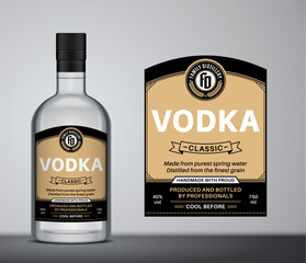 Vector black and gold vodka label template. Vodka glass bottle mockup. Distilling business branding and identity design elements