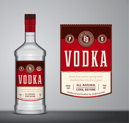 Vector red and beige vodka label template. Vodka glass bottle mockup with label