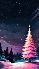 Beautiful pink christmas tree card art outdoors with copy space at night
