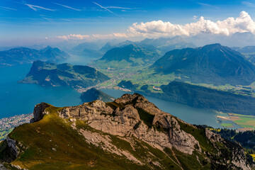 Panoramic view of Lake Lucerne from Pilatus Mountain in Switzerland.