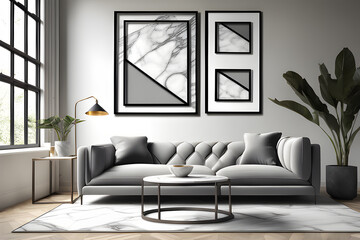 Impressive interior with two large picture frames and a gray sofa with a lamp. Generative AI