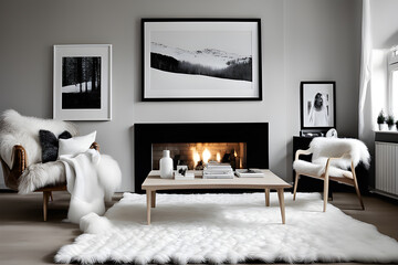 White interior with a fireplace and a large picture frame hanging on the wall. Generative AI