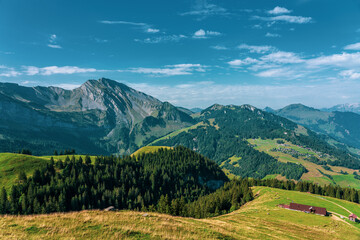 Panoramic view of Swiss mountains and Lake Lucerne.