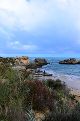 Fototapeta na wymiar Rocky limestone formations on the coast and beaches of Point Peron Rockingham Western Australia. September 2022.